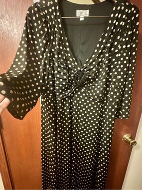 Robbie Bee Black with Cream Polka Dot Gathered Maxi Dress Worn Once